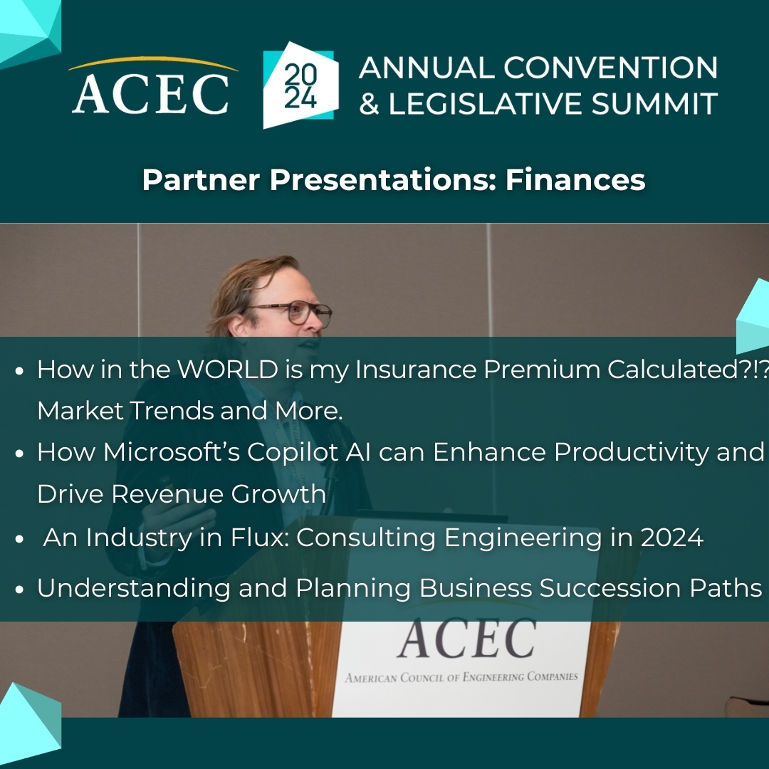 Learn more about Finances from industry peers at ACEC 2024 Annual Convention & Legislative Summit in Washington, DC. View all partner presentations: bit.ly/3QhnEYU #ACEC2024ANNUAL