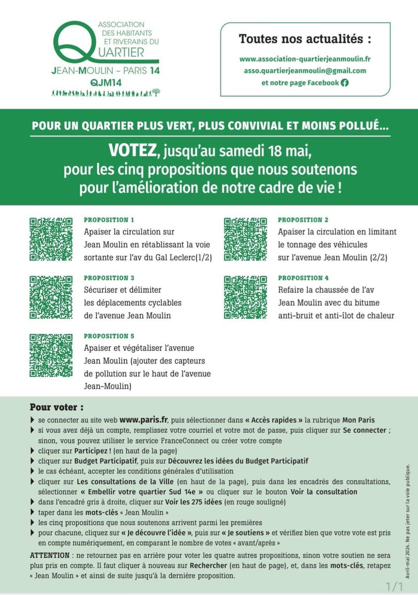 Les habitants du quartier Jean Moulin à Paris 14 se mobilisent pour la remise à double sens de l’avenue du Gal Leclerc La mise à sens unique a provoqué le report du trafic de transit vers des rues inadaptées à recevoir un tel flux en entraînant des nombreuses nuisances