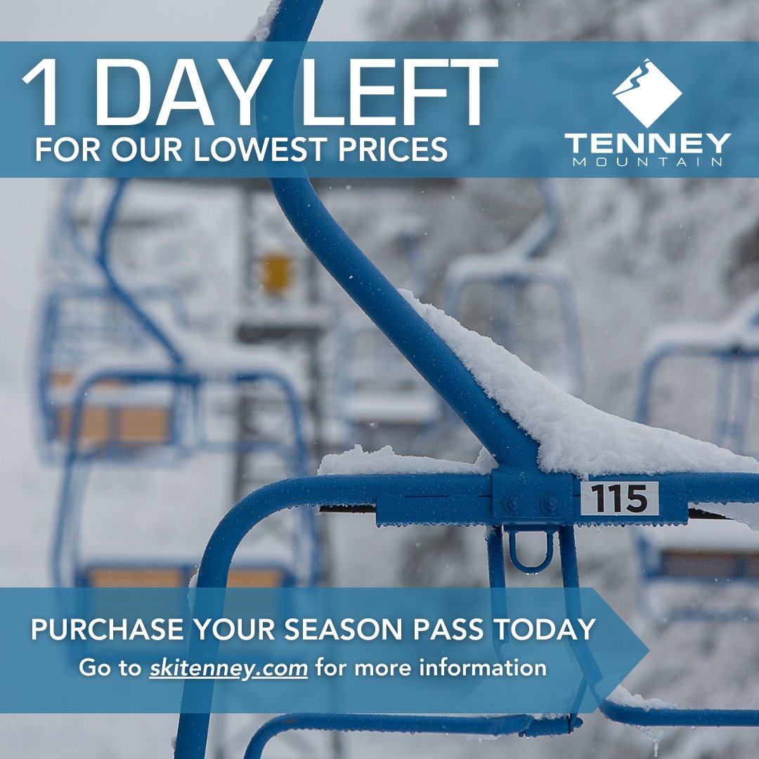 SkiTenney's tweet photo. Tomorrow is the last day to get the best deal on a 2024/25 season pass! Prices increase this Wednesday, so don't wait! Head to https://t.co/MEdKTeQ4bH to purchase your pass today!
#tenney #10e #tenneymountain https://t.co/p80ChpguAS