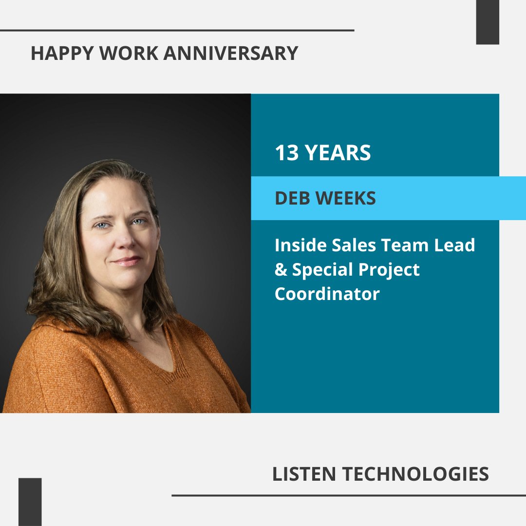 Congrats on 13 years, Deb Weeks, our Inside Sales Team Lead & Special Project Coordinator! Thanks for all that you do, Deb! #ListenTech #PeopleOfListen #WorkAnniversary