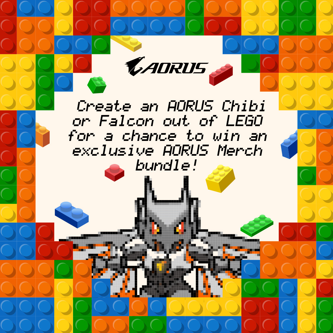 AorusOfficial's tweet photo. Its time to break out those Lego bricks and make something cool!
Create an AORUS Chibi or Falcon for a chance to win an exclusive AORUS Merch Bundel🎁!
Head over to the AORUS Instagram to check the event!
https://t.co/LIgRnBbuka
#AORUSNA #AORUS #GIGABYTE #lego #aoruschibi https://t.co/JYqBz2JvsU