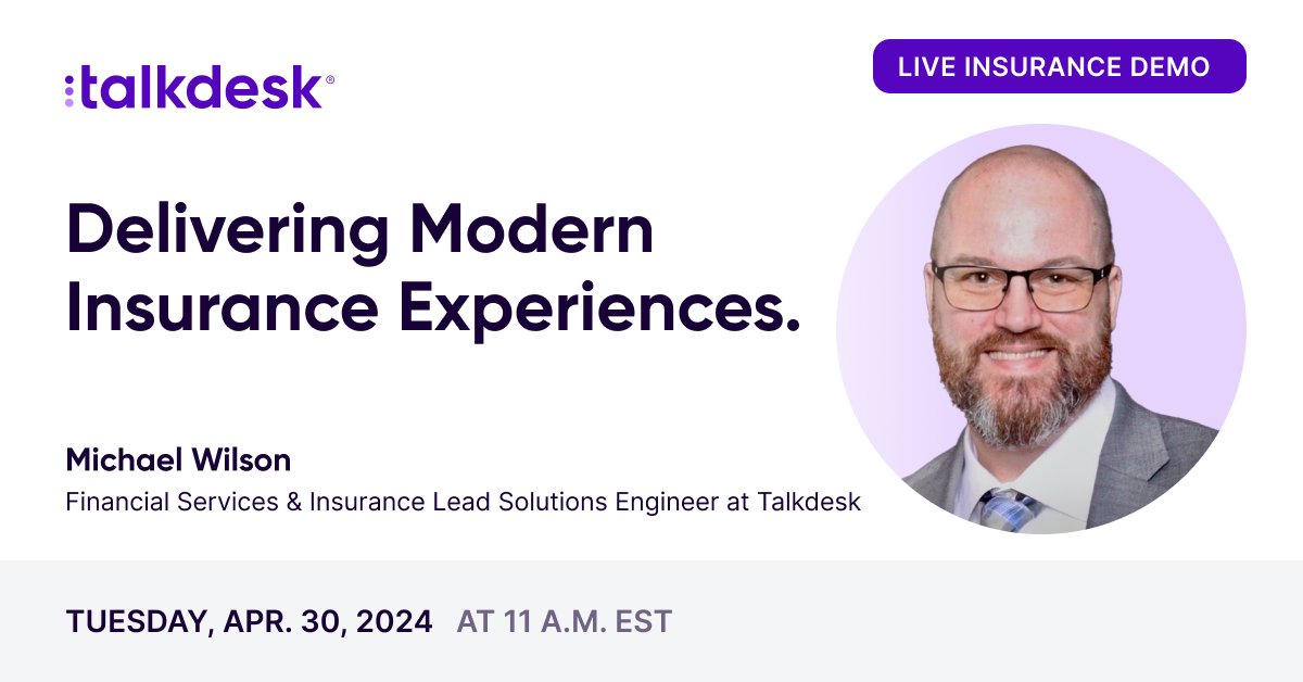 Join our live demo tomorrow, April 30 at 11am EST / 4pm BST, and witness how #Talkdesk Financial Services Experience Cloud streamlines policy servicing, claims management, and new business workflows. Register now! bit.ly/3xzRVf5 #Insurance #CustomerExperience #CX