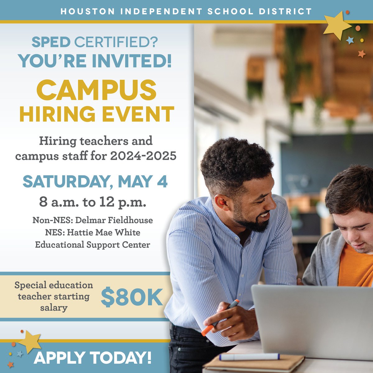 🍎 Calling all SPED educators! Join us this Saturday, May 4! HISD is hosting two campus hiring events - one for NES positions and one for non-NES positions. Register to attend here: bit.ly/4b7wNLn