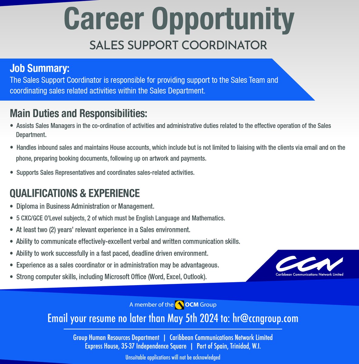 #JobOpportunity ✅Do you have Diploma in Business Administration or Management? We are looking for a Sales Support Coordinator👩‍💻 for our Sales Department. 👉Interested applicants please email 📩your resume to hr@ccngroup.com no later than 05th May 2024.