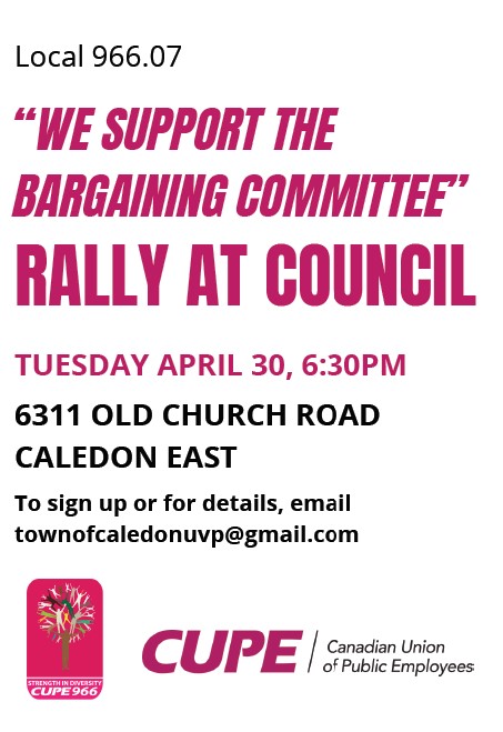 Solidarity with @CUPE966 municipal outside workers in Caledon, who are rallying tomorrow in support of a fair deal!