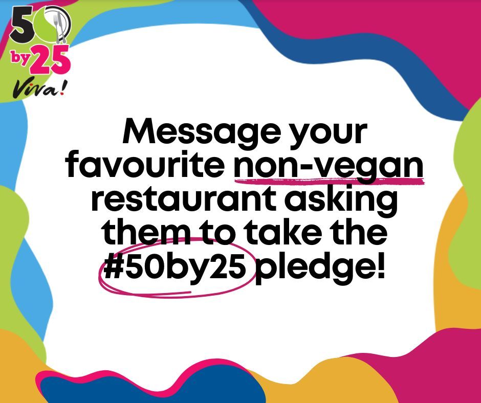 Tweet, message and tag non-vegan businesses on social media ✊ In our #50by25 campaign, we are asking food business to make their menu at least 50% plant-based by the end of 2025 for the planet. Switching to a plant-based option could cut that dish's climate impact by 50%!