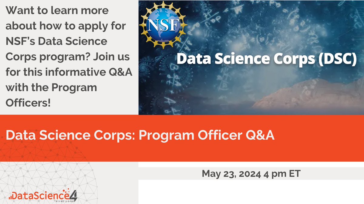 Interested in learning more about how to apply to @NSF's Data Science Corps grant program? Join us for a Q&A with the program officers on 5/23 at 4 pm ET to discuss all your questions about the program and the application process! Sign up here: hubs.ly/Q02v5JDm0