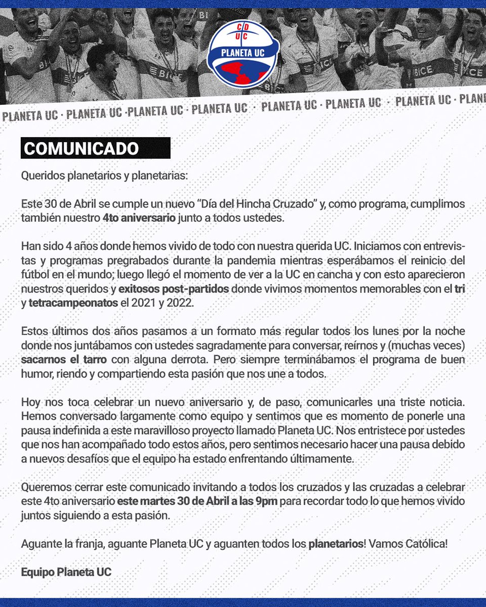 Planetarios y planetarias, hoy no hay programa y hay razones para aquello.

Los esperamos mañana para los últimos (por ahora) tragos, respuestas, comentarios y risas en una noche para festejar el gol del Chapa el 2016.

#PlanetaUC #Comunicado #LosCruzados