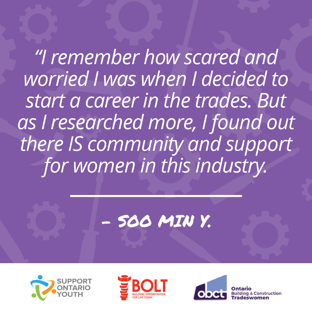 Excited about a career in the trades? Check out the @BOLTfoundation Women in Construction Grant! You can get $500 and connect with a female mentor in your field.

supportontarioyouth.ca/grants-bolt/

#SupportOntarioYouth #SOY #Apprenticeship #Apprentice
#SkilledTrades #Career #Women