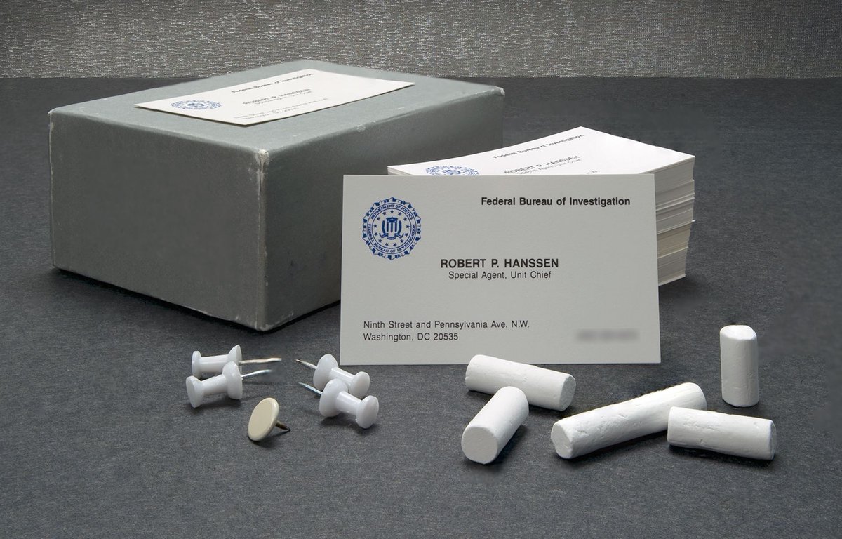 #TBT to former special agent Robert Hanssen's business cards placed next to the chalk he used to leave messages with for his handlers. He was arrested and charged with committing espionage on behalf of Russia and the former Soviet Union. Visit ow.ly/ygU250O9MZS