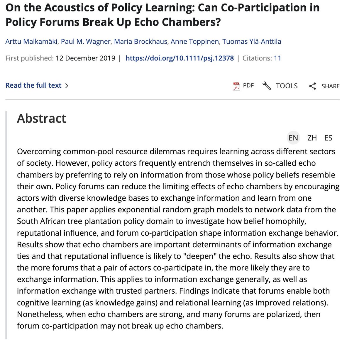 “Actors representing business and state interests dominate many of the forums and the entire policy network, meaning that their policy beliefs are quite likely to be known by others.” Read FULL article here: onlinelibrary.wiley.com/doi/full/10.11… #PSJ #PolicyStudiesJournal