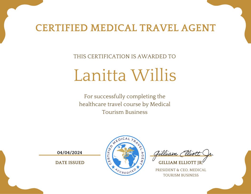We're excited to share the news that Lanitta Willis has successfully completed the Certified Medical Travel Agent (CMTA) certification. #medicaltourism #medicaltravel #healthtourism #medicaltourismbusiness #wellnesstourism #dentaltourism