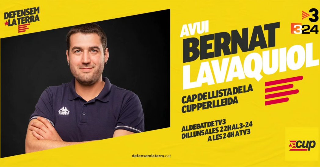 AVUI!!!
Bernat Lavaquiol al debat de TV3
<a href="/BernatLavaquiol/">bernat lavaquiol</a>
Dilluns a les  22h al 3-24 i a les 24h  a TV3.

No us el perdeu!
#DefensemlaTerra