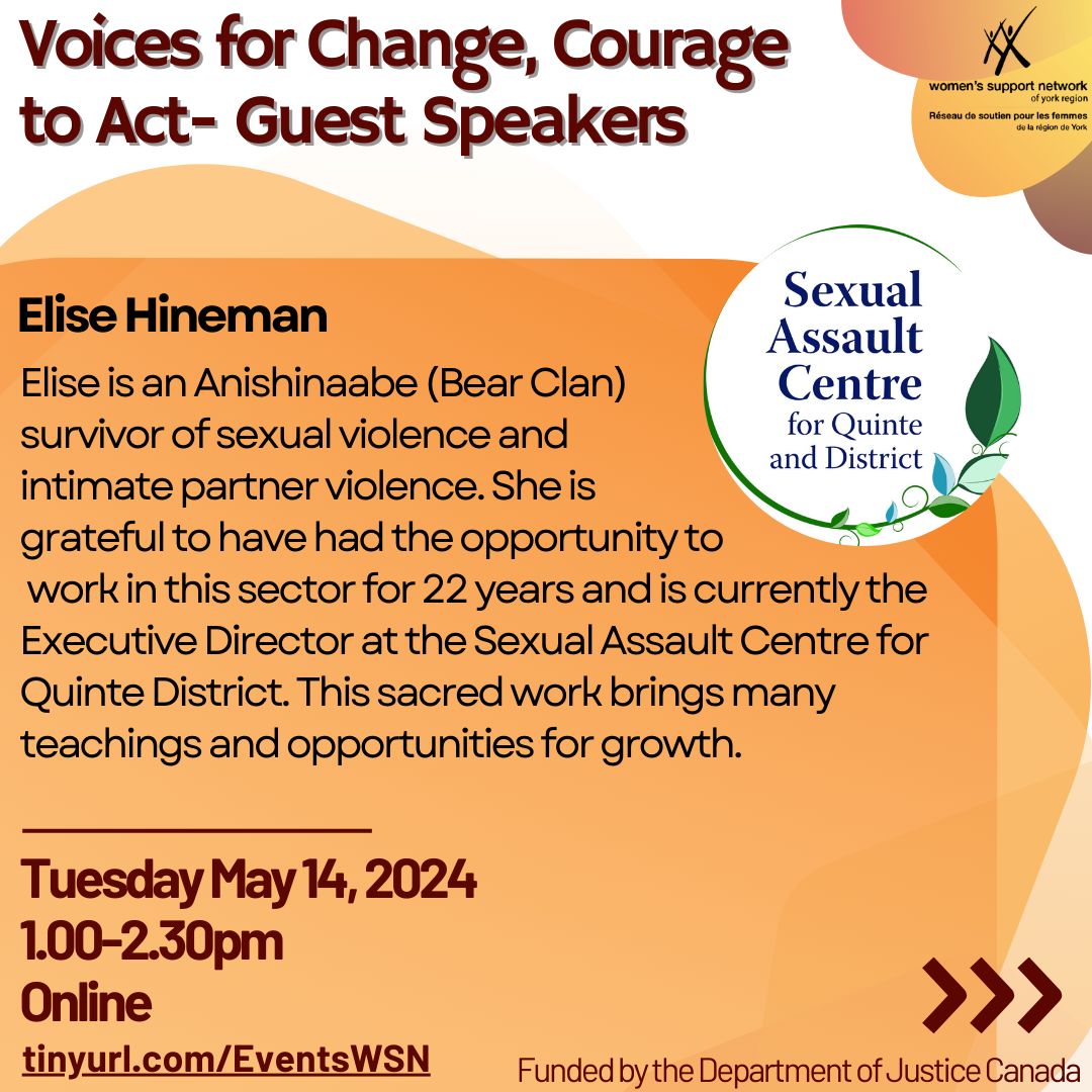📣 UPDATE 2/4: Join us on Tuesday May 14 for the collaborative conversation with Sexual Violence Crisis Centres from across Ontario. Swipe to learn about our guest speakers and register free today at tinyurl. com/EventsWSN #VSCW #SexualViolence #SurvivorsMatter