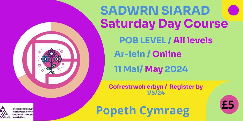 SATURDAY CHAT /SADWRN SIARAD 11/5/24  
Online day course for students of all levels. Cwrs undydd ar-lein i ddysgwyr o bob lefel.  You’ll love our courses.  Byddwch chi wrth eich bodd.  Dyddiad cau/Closing date: 1/5/24   popethcymraeg.cymru/en/sadyrnau-si… 
#LearnWelsh #SadwrnSiarad