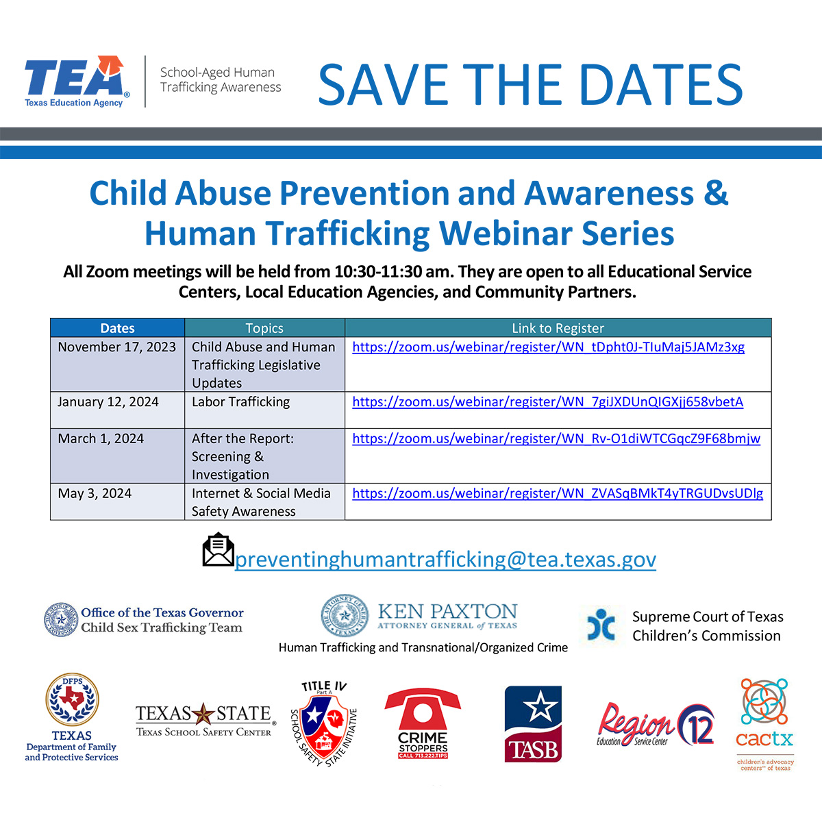 The next webinar in the Texas Education Agency's Child Abuse Prevention & Human Trafficking Webinar Series is this Friday, May 3. The topic for May is Internet and Social Media Awareness. Visit ow.ly/jl2f50Rlkym to register! #SchoolSafety