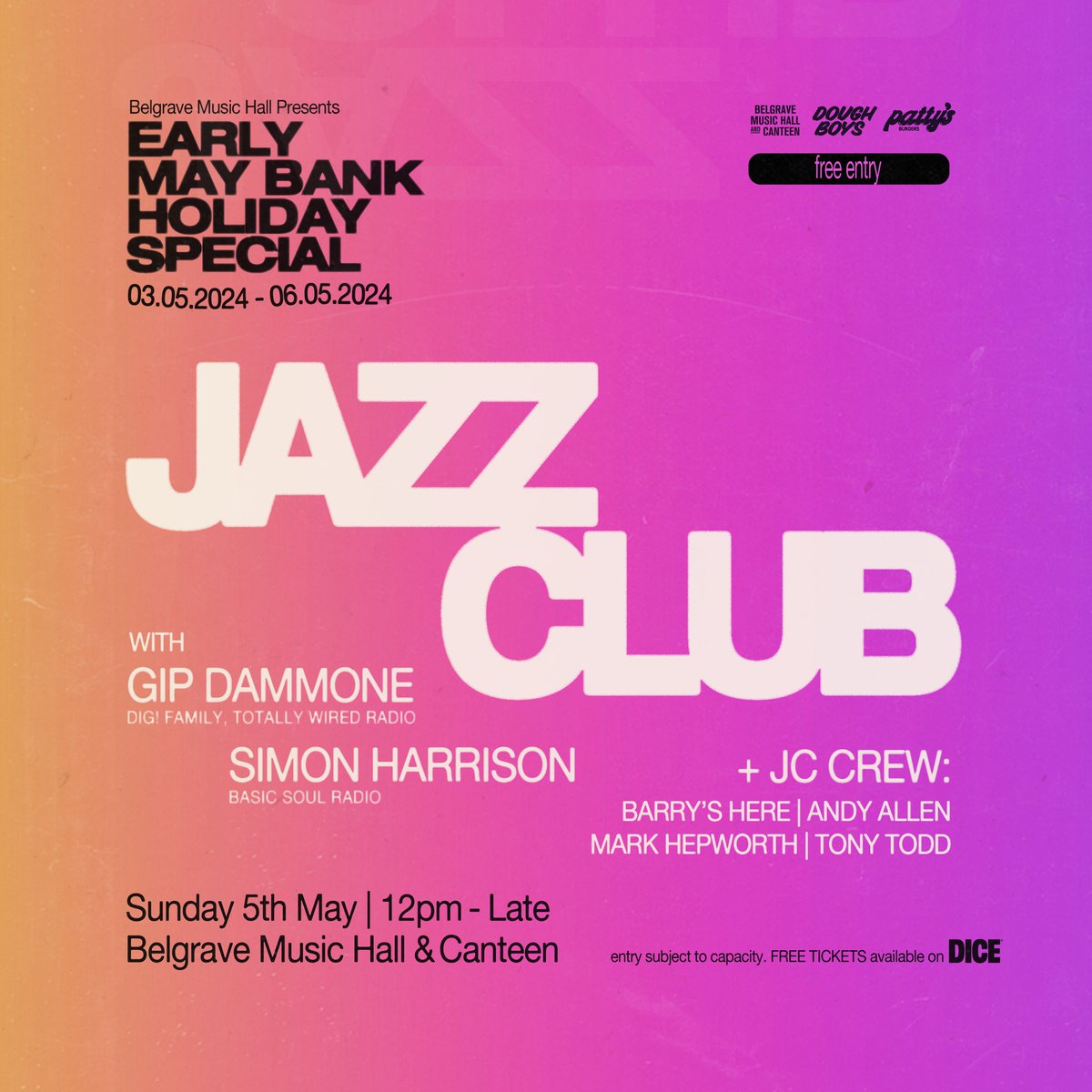 dice.fm/event/2nom7-ja… Bank holiday Sunday brings Jazz Club to the Canteen with Gip Dammone and Simon Harrison soundtracking your afternoon. Joining them on support duties, Barry's Here, Andy Allen, Mark Hepworth and Tony Todd 🫡 FREE ENTRY