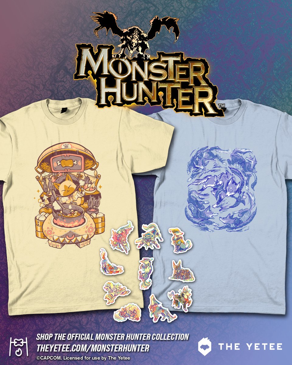 Palicoes and Palamutes have touched down at @theyetee with the latest drop in their official Monster Hunter collection! Get two new tees and a sticker sheet featuring your favorite hunting pals, available now for pre-order! 👕 theyetee.com/collections/mo…