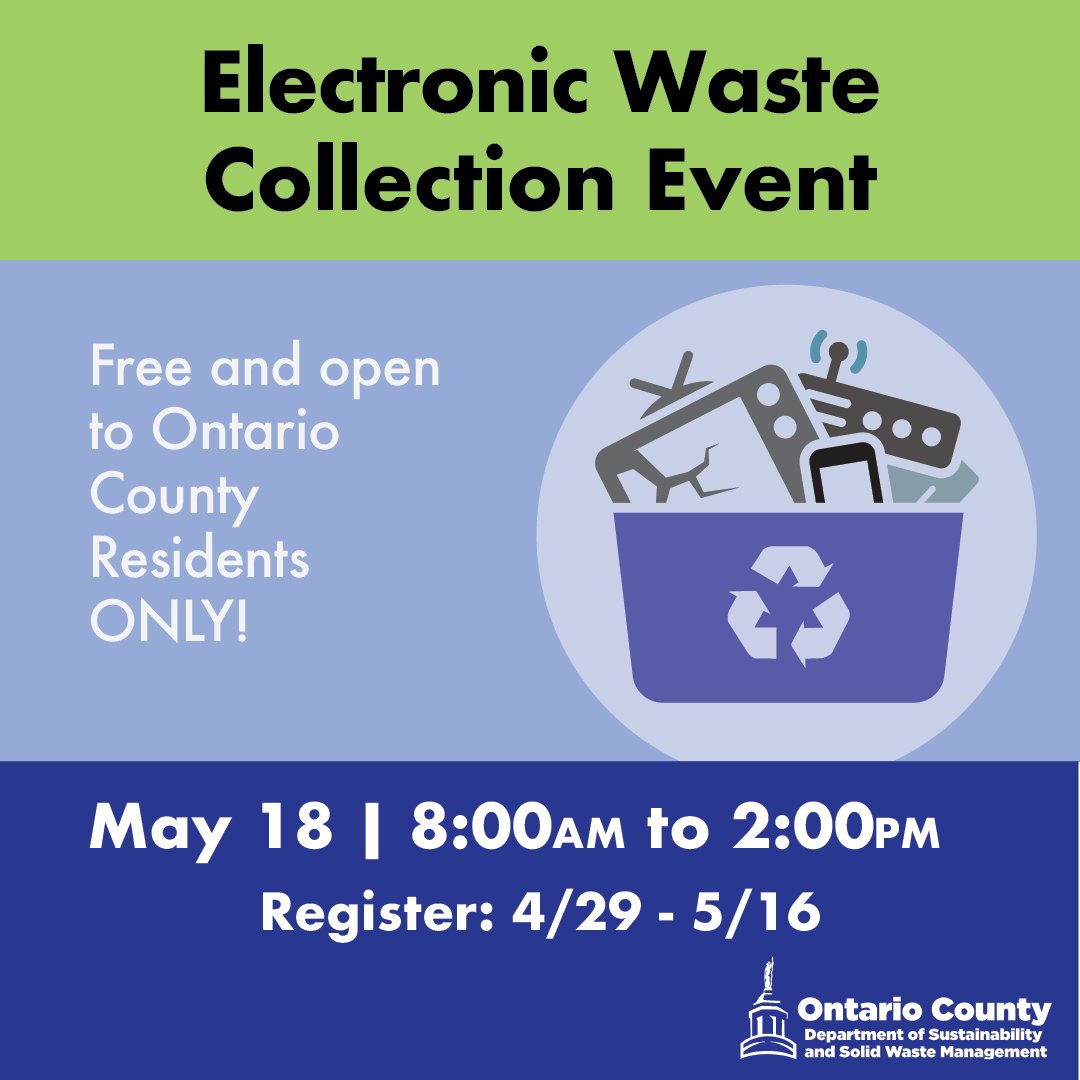 Hey Ontario County residents, do you have old electronics you don't know what to do with? Bring them to a free collection event! Register today by visiting OntarioCountyRecycles.org and clicking on the events tab. #OntarioCountyRecycles #OntarioCountyNY #OntarioCounty