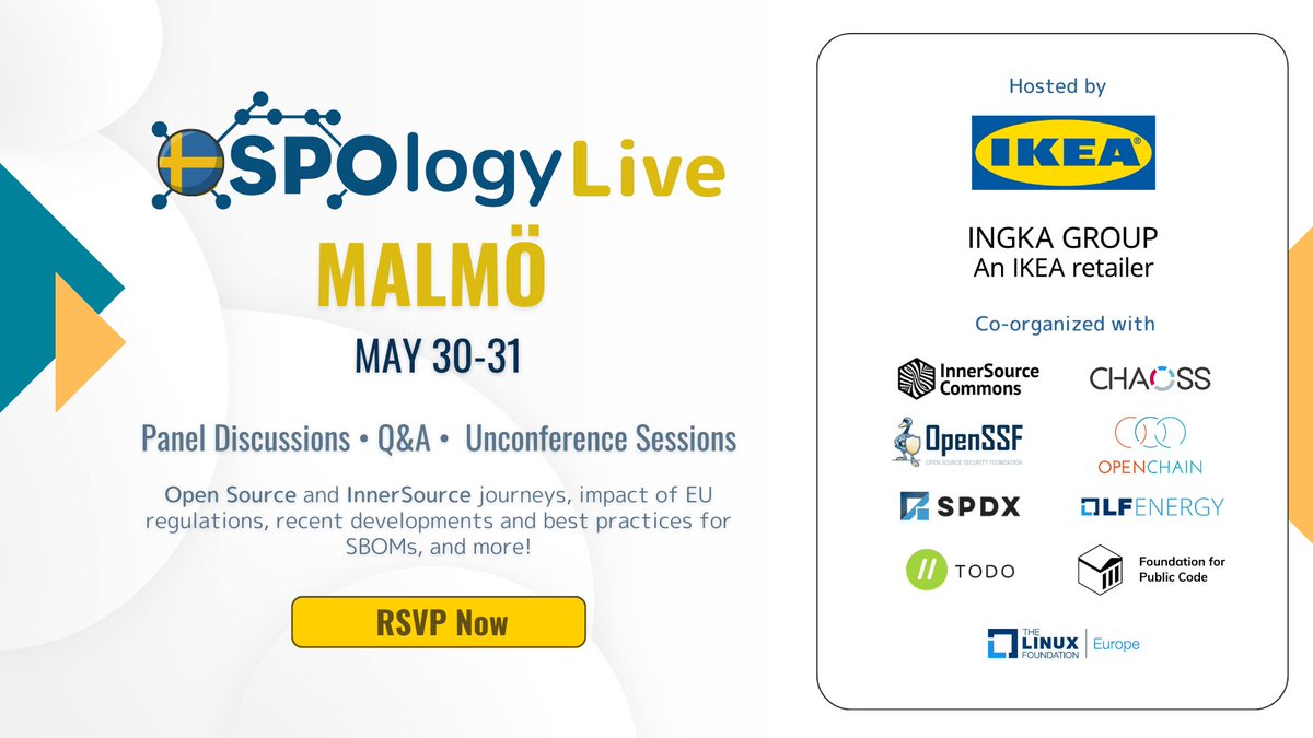 LF Europe is proud to co-organize the fourth OSPOlogyLive #Europe event with IKEA OSPO in Malmö, Sweden! 🎉 Join us on May 30-31. Seats are limited, reserve your slot now: community.linuxfoundation.org/events/details… #LFEurope #OSPO #OpenSource #InnerSource