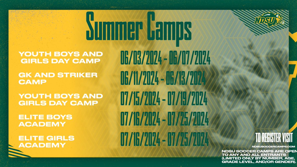 𝐂𝐚𝐦𝐩 𝐒𝐞𝐚𝐬𝐨𝐧 is just around the corner! ⚽️ We are just over a month away from the start of our summer camp season! Be sure to claim a spot before it's gone! Register online today at ndsusoccercamps.com 🤘 #GoBison 🦬