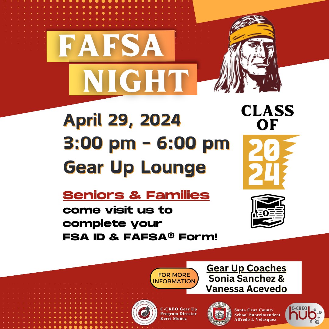 #NogalesHighSchool #Classof2024 #Seniors

#FAFSA NIGHT
April 29, 2024
3:00 PM - 6:00 PM
in the NHS Gear Up Lounge 

#GEARUPworks
#GetYourCareerInGear
#IheartGearUp
#SCCSSO
#investinouryouthscc
#santacruzcountyccreohub
#NUSD
#NHSApaches
#NogalesAZ
@WeLoveNogales
@santacruzaz