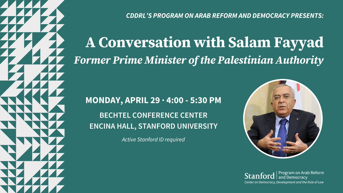 📅TODAY | 4-5:30 PM PT Join us this afternoon for a live discussion with Dr. Salam Fayyad, former Prime Minister of the Palestinian Authority, on critical issues facing the Middle East today. Moderated by @LarryDiamond & @WazirElKif. 💻Tune in via Zoom: ow.ly/t3cB50RqfG8