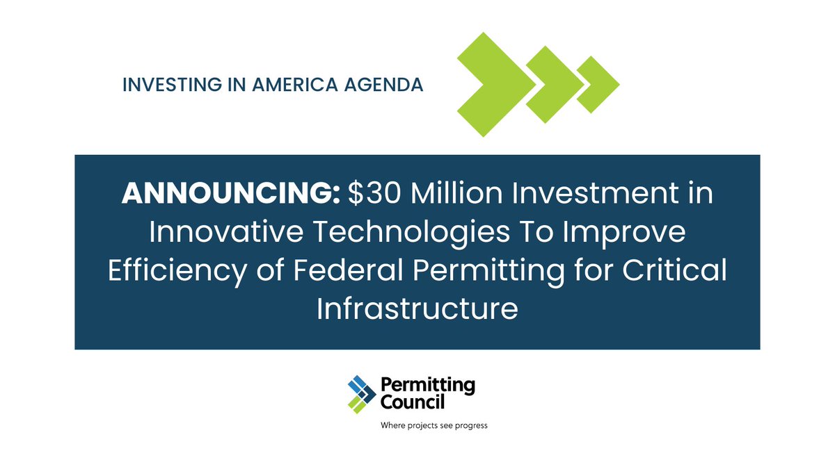 BIG NEWS: Today we announced $30 million in IRA funding for federal agencies to use innovative technologies to improve the efficiency of permitting. We're investing in America to bring critical infrastructure to life. Read here: tinyurl.com/3du3973f.