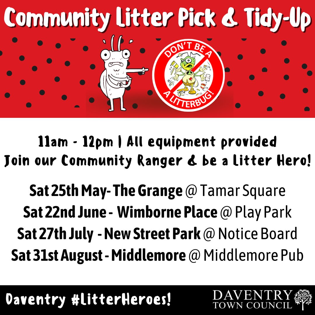 👏 A huge thank you to the wonderful Litter Heroes who helped us tackle a litter hotspot in Daventry on Saturday – despite the un-springlike weather! 💥 Anyone can be a Litter Hero and all kit is provided. See below for upcoming litter pick dates and help us keep our town tidy!