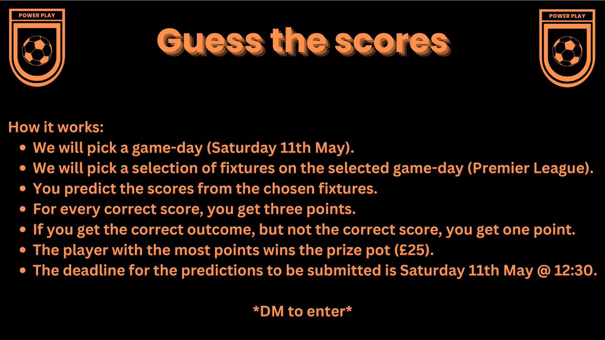 𝐆𝐮𝐞𝐬𝐬 𝐭𝐡𝐞 𝐒𝐜𝐨𝐫𝐞𝐬 Our first competition is available to enter! Simply the predict the scores from the eight Premier League games taking place on Saturday 11th May, and you could win £25 cash! DM us your predictions to enter.