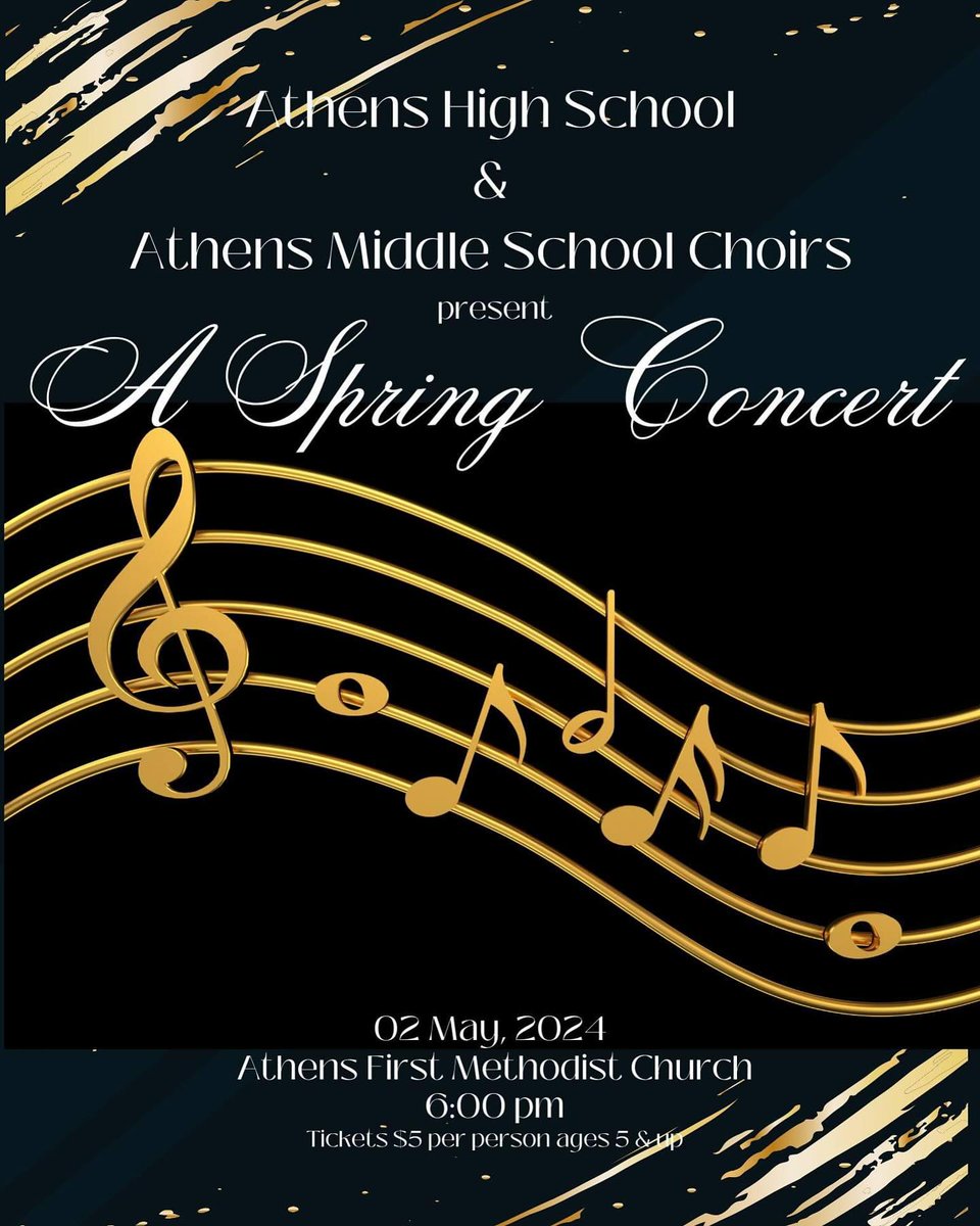 SPRING CHOIR CONCERT @AHS_Alabama  and @amseagles Choirs invite you to a special night of music on Thursday, May 2 at 6:00 PM at Athens First Methodist Church. Tickets are $5 and available on the GoFan app or visit gofan.co/school/AL109. #acsfinearts #gochoir