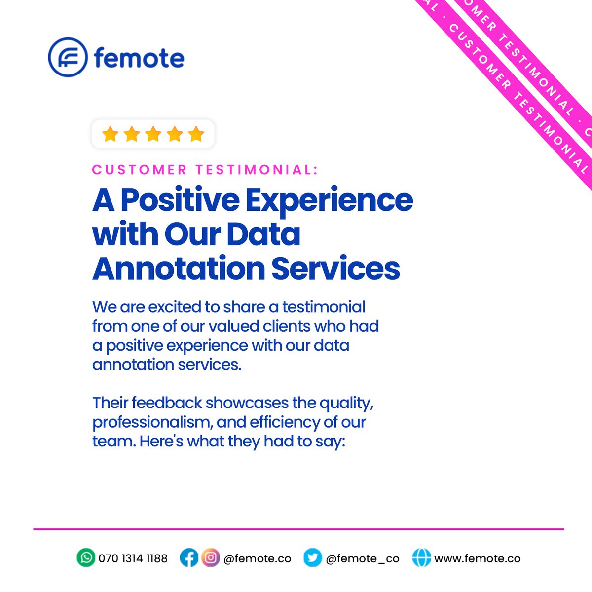 Femote_co's tweet image. We value the our client’s feedback and satisfaction, and this testimonial is a testament to our commitment to delivering top-notch #dataannotationservices. We strive to provide positive experience that exceeds expectations. Contact us now for your #dataannotation projects.