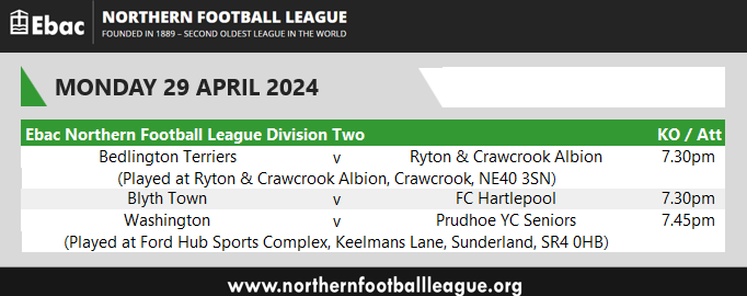 MONDAY NIGHT FOOTBALL  
Here are this evening's fixtures in the @EbacUK Northern Football League. #ENLMatchday #NorthernLeagueFamily