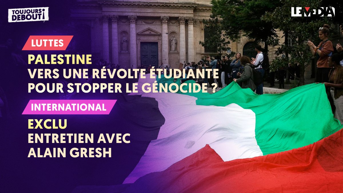 LeMediaTV's tweet photo. ✊Toujours Debout à 18h30 !✊

📺Canal 350 de la freebox
🔴➡️https://t.co/vhGuuOLdDm

Présenté par @FabriceWuimo 

Avec @cazorla_aude, @alaingresh, @LoreliaFrejo, Hela Yousfi et Mathieu du @comitepalestine

#palestine #sorbonne #gaza https://t.co/jTNE5os1jJ