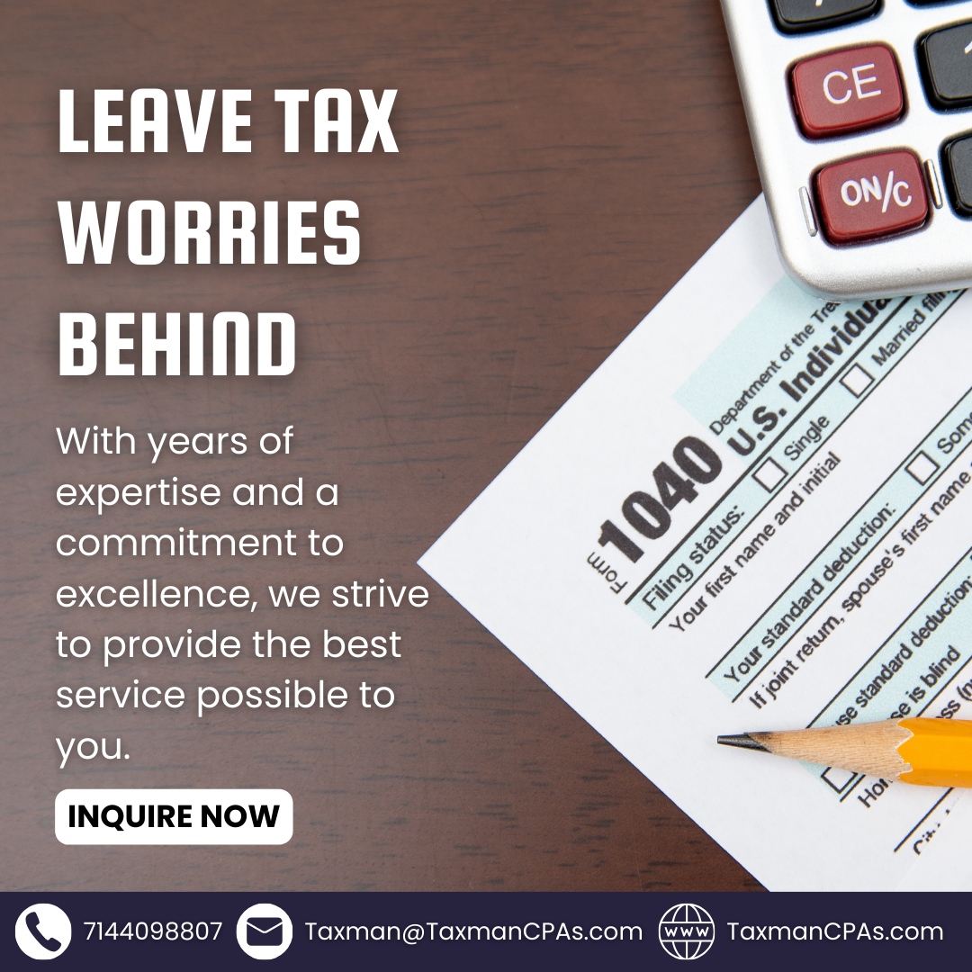 Tax season got you stressed? 

Leave it to us and say goodbye to tax worries! 

Our expert team is here to take care of everything for you. 

🌐 TaxmanCPAs.com
📞 (714)-409-8807
📧 Taxman@TaxmanCPAs.com

#TaxExperts #TaxTimeSolutions #FinancialFreedomJourney