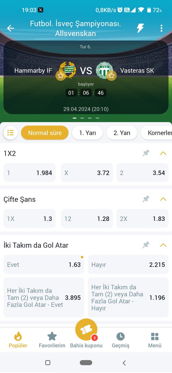 #maçönü

Hammarby - Vasteras

Karşılıklı goller ile üste gitmesi kuvvetle muhtemel

Kg var ideal (g9)

2.5 üst ideal (g9) 

Vasteras sürprizi bekliyorum

Vasteras kaybetmez ve 2.5 üst olur Tekli alınır

Bol şanss