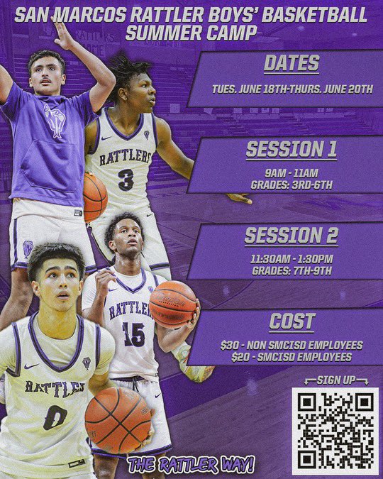 Rattler Boys’ Basketball Camp

🗓️June 18-20th 

Competition ▪️Teaching▪️Fun
#TheRattlerWay🐍🏀