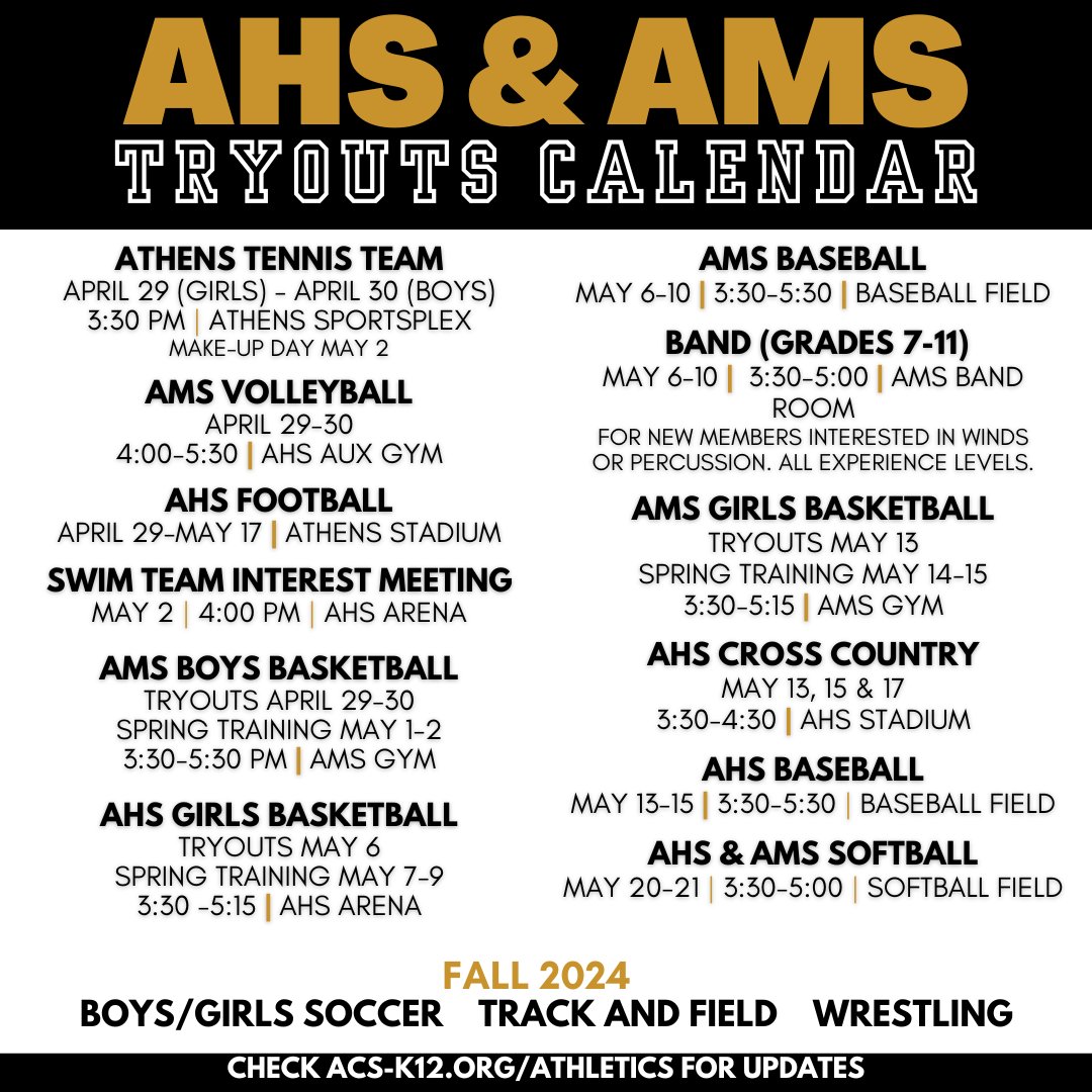 Students, are you interested in participating in sports & extracurricular activities @amseagles & @AHS_Alabama during the 2024-2025 school year? Then mark your calendars for important dates related to tryouts. If you have any questions, reach out to Linda.Moore@acs-k12.org.