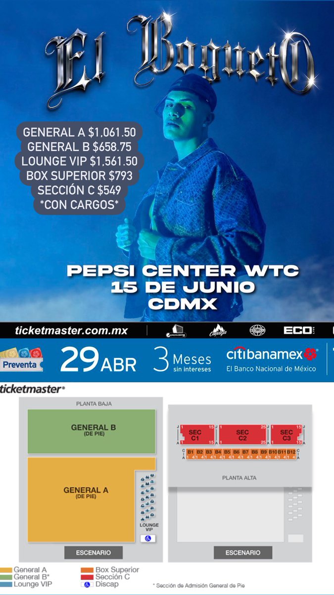 🔥 El Bogueto 🔥 🗓️ 15 de Junio del 2024 🗓️ 🏟️ Pepsi Center WTC 🏟️ 📍 CDMX 📍 🎟️ Preventa Citibanamex 🎟️ 10:00 AM 💳 Únicamente tarjetas débito/crédito Banamex 💳 Límite: 4 Boletos Link: bit.ly/3JF23Wp 🎟️ Precios de Boletos con Cargos 🎟️ General A $1,061.50 General B