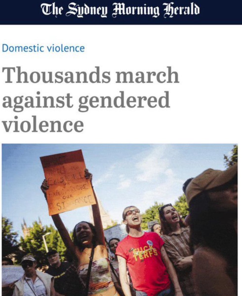 A man wore a “fuck TERFS” shirt to a “stop violence against women” march & @smh uncritically showcased it. The women called TERFs are at the forefront of this fight as protections for women are sex-based & we want men out of DV shelters. For this, we are abused & it’s ignored.