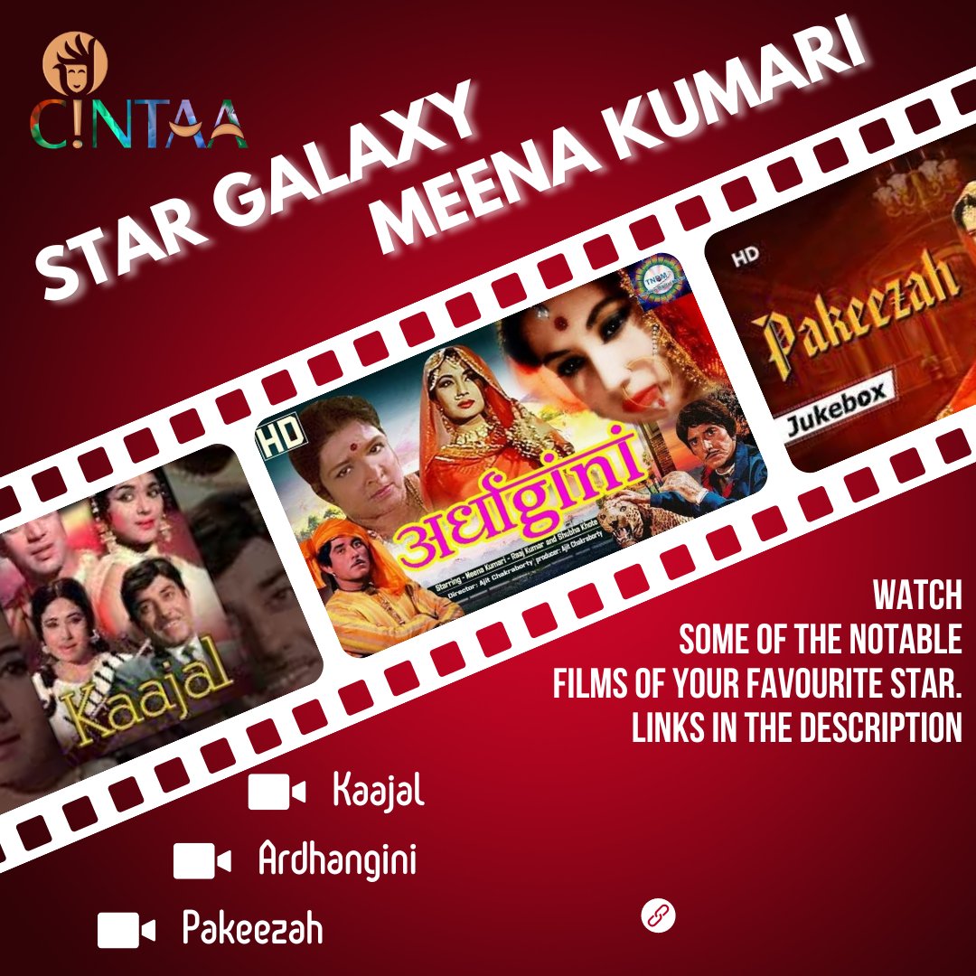 Iconic films of #Meena Kumari for view:

Kaajal; youtube.com/watch?v=8euozM…
Ardhangini; youtube.com/watch?v=-WFM6l…
Pakeezah; youtube.com/watch?v=zA230c…
.
#cintaa #bollywood #actor #film #movie #hindicinema
#indiancinema #MeenaKumari #bestactor #greatactor