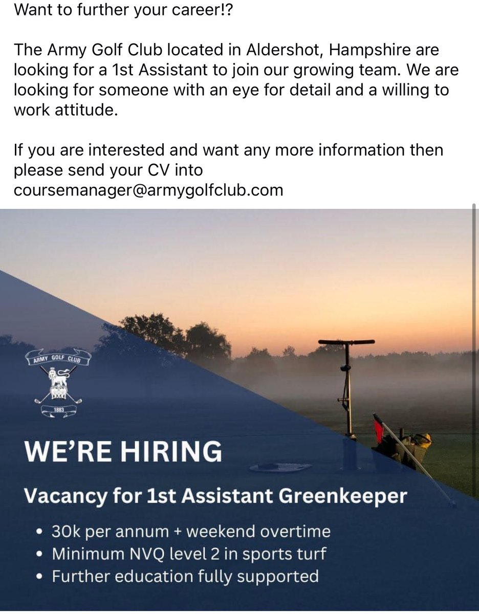 New position now open 👇🏼 if you’re interested please send your CV to coursemanager@armygolfclub.com