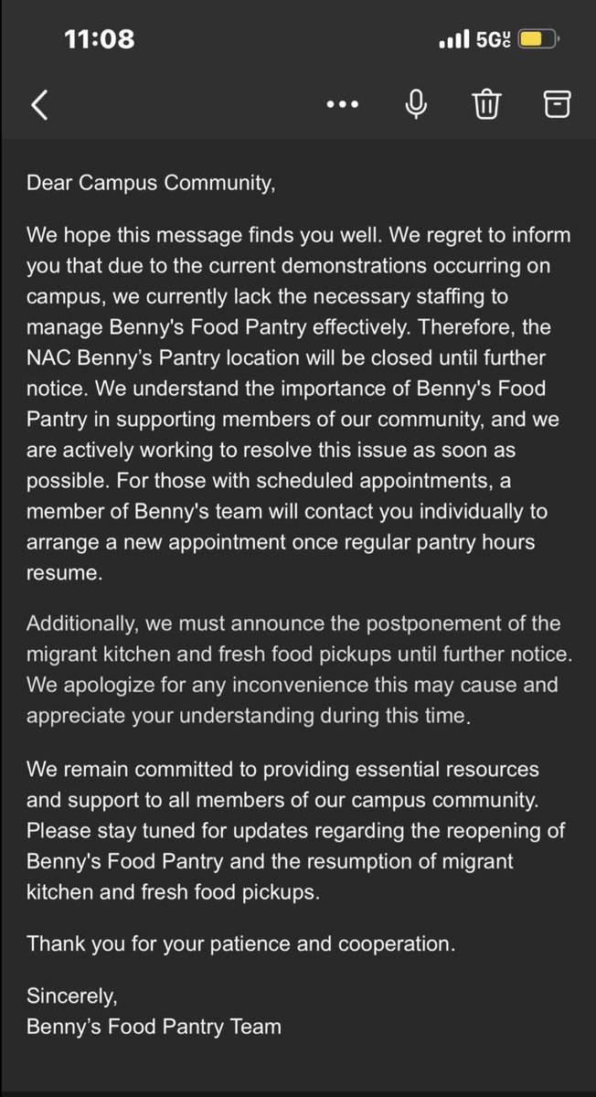 🚨City College announces it is closing its food pantry as a result of the solidarity encampment. In 2022, 40% of CUNY students reported having low or very low food security. Thats 110,000 students.