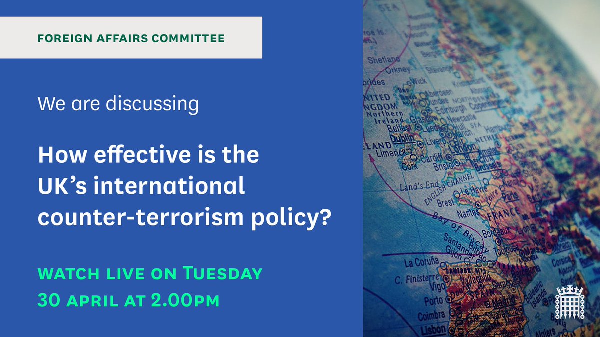 Tomorrow, we will hold a session on the future of the UK's international counter-terrorism policy. We will question Sir Alex Younger KCMG, former Chief of the Secret Intelligence Service. Find out more: committees.parliament.uk/event/21446/fo…