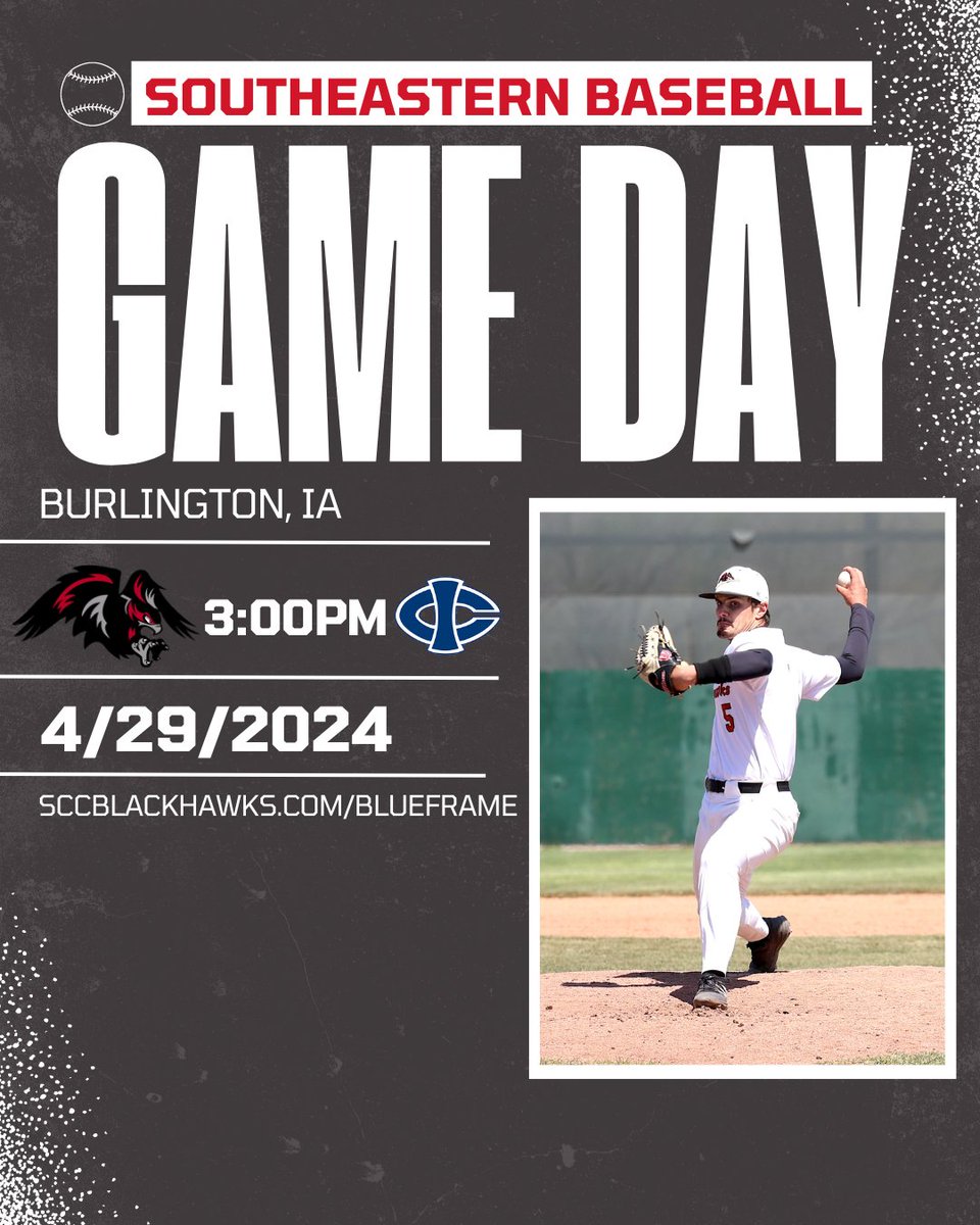 ⚾️Southeastern Baseball⚾️ 📍Burlington, IA 🗓️4/29 ⏰3:00PM ⚾️Southeastern vs. Iowa Central 📺sccblackhawks.com/blueframe #SCCBlackhawks⚫️