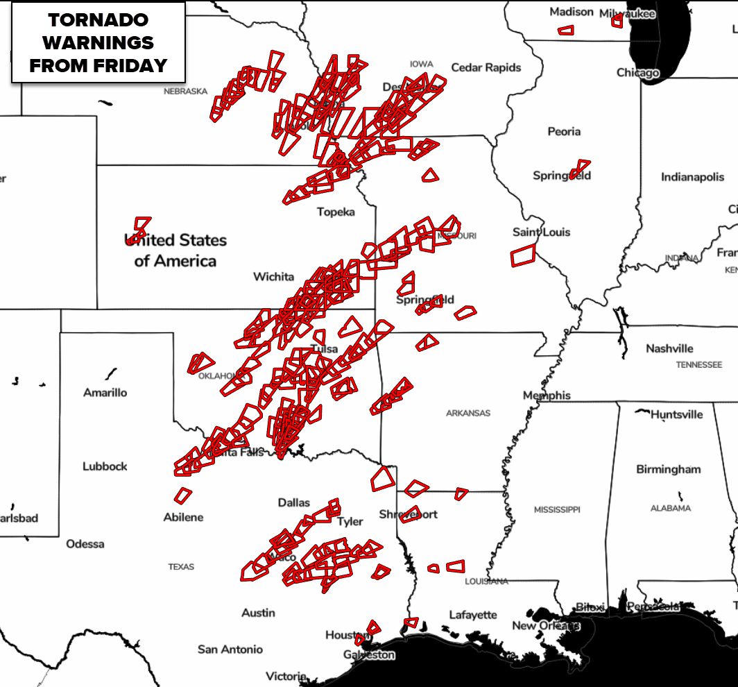 All the tornado warnings are from Friday at 12am until 12 am this morning.