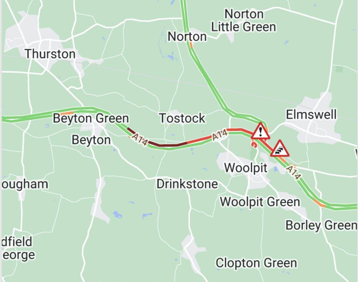 #A14 eastbound - queueing traffic between J46 (Thurston) and J47 (Woolpit) - approaching the ROADWORKS contraflow - adding delays towards Stowmarket