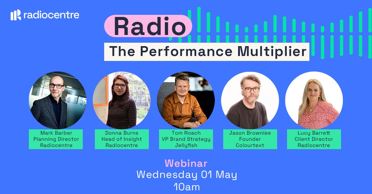 Last chance to sign up to tomorrow's exclusive webinar, Radio: The Performance Multiplier. <a href="/mark_barber/">Mark Barber MBE</a> &amp; Donna Burns will unveil radio's true potential for performance marketing, joined by <a href="/tomroach/">@tomroach</a>, <a href="/Colourtext/">Colourtext</a>'s Jason Brownlee and <a href="/LucyBarrett/">Lucy Barrett</a> 

👉radiocentre.org/webinar-to-lau…