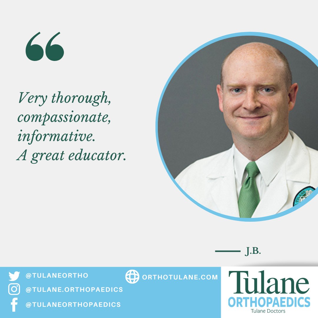 TulaneOrtho's tweet photo. For today's #DoctorSpotlight, we'll be featuring Dr. Wendell Heard. See what people are saying about him in the community. If you would like to book an appointment with him, call 504-988-0100 or visit https://t.co/PyPD3RbNHP.
#orthopaedicsurgery #sportsmedicine #knee #ortho https://t.co/rXbQdbOWNK