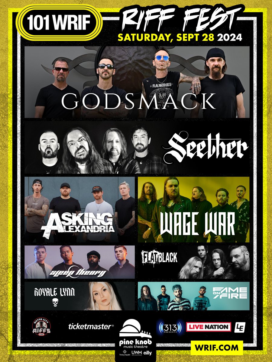 DETROIT! We will see YOU on Sat. Sept 28 for @101wrif #RiffFest 2024 at @PineKnobMusic! We will be playing with @seether, @askingalexandri, @WageWar, @FlatBlackMusic and more! 🎫 Godsmack* Artist Pre-Sale starts (tomorrow) 4/30 at 10AM (local) until 5/3 at 10PM (local) at…
